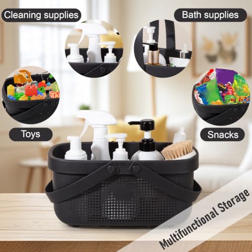 Large black plastic shower caddy basket with handles, ideal for organizing toiletries in bathroom shower area by JiatuA.