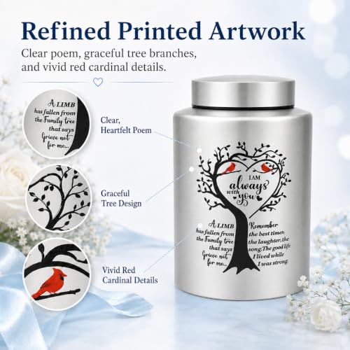 7.3 Inch Medium Urns for Human Ashes, Cremation Urn for Human Ashes, 140 Cubic Inches Decorative Stainless Steel Funeral Memorial Keepsake Urn with Two Cardinal Birds, Silver