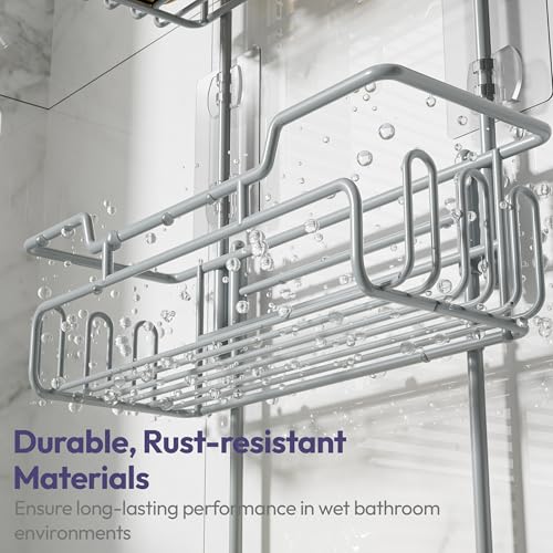 SWTYMIKI Bathroom Shower Caddy Hanging - 3 Tier Rustproof Over Shower Head Organizer, No Drilling Bathroom Shelf with 16 Hooks & Soap Holder, Anti-Swing Rack for Shampoo,Sponge,Towel, Silver, Medium Silver-3 Tier-Medium