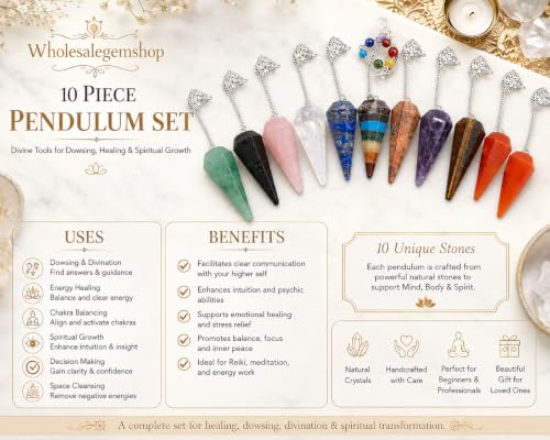 Wholesale Gem Shop 10 Piece Assorted Natural Crystal Pendulum Set, Gemstone Reiki Pendulums for Dowsing, Chakra Healing, Meditation, Divination, Energy Work & Metaphysical Gifts