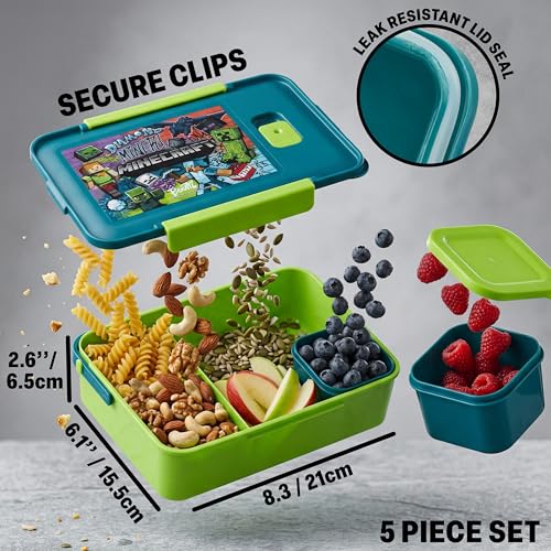 Get Trend Minecraft Kids Lunch Box 3 Pc Set with Insulated Lunch Bag, Bento Box with Two Mini Pots & 20 fl oz Water Bottle with Straw for School, Picnic, Creeper Gamer Gifts for Boys (Multi Minecraft) Multi Minecraft