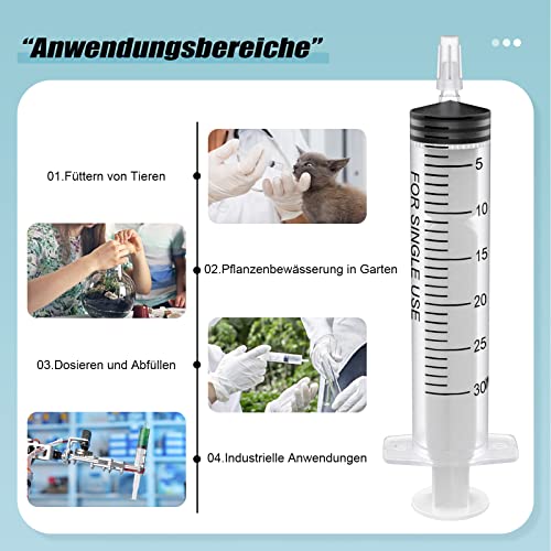 Pack of 30 Plastic Syringes 30 ml, Measuring Syringe Disposable Syringe for Scientific Laboratories, Feed Syringe, Marinating Syringe and Suction Syringe (30, 30 ml)