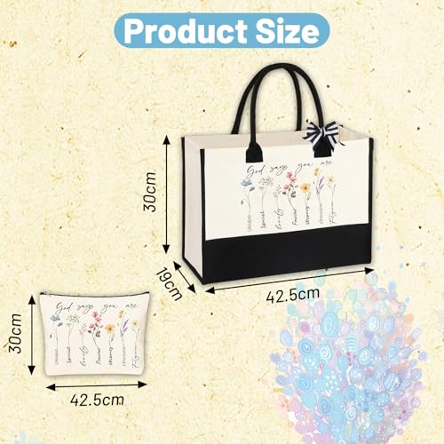 2Pcs Bible Bags Christian Gifts for Women, Large Canvas Tote Bag with Small Make up Bag, Elegant Handbags for Women Christian Gifts Religious Jesus Bible God Says Bag Set for Christmas Birthday
