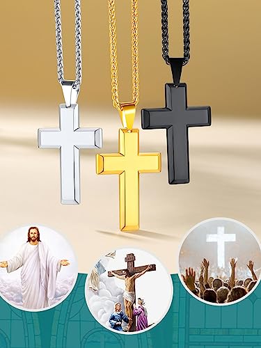 Supcare Cross Necklace for Men Women, Stainless Steel Plain/Bible Cross Pendant Necklaces Gold/Black, Adjustable Sturdy Chain 22+2Inches - With Gift Box Black