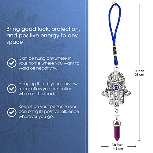LUCKBOOSTIUM Silver Ornate Hamsa Hand Jeweled Keychain - Evil Eye Protection, Hanging Gemstone - Good Luck Charms 1.8"x9" Amethyst