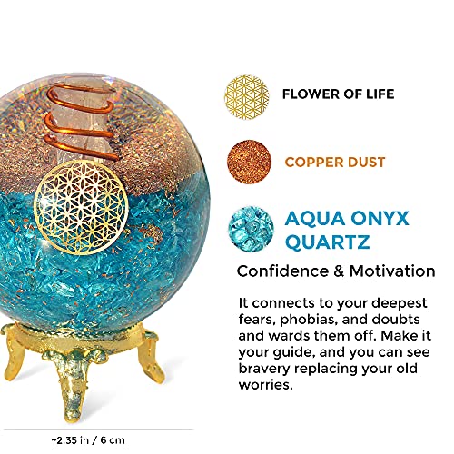 Orgonite Crystal Blue Aquamarine Crystal Ball with Stand for Positive Energy, Chakra Balancing –with Flower of Life Symbol to Promote Purpose, Serenity and Courage