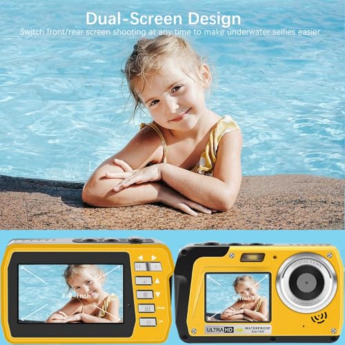4K Underwater Camera, Full HD 4K&48MP Compact, 10FT Waterproof Camera for Snorkeling, Surfing, Rafting, Dual-Screen for Selfie/16X Digital Zoom/Fill Light/Support 128GB （Yellow） Yellow