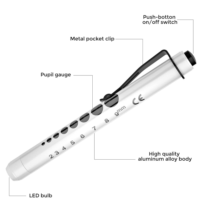 [Australia - AusPower] - RISEMART Pen Lights for Nurses, 2 Pack Reusable Medical Light with Pupil Gauge and Ruler, White Light LED Penlight for Student Doctors EMT (Black/White) Black and White 