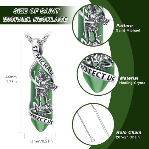 Saint Michael Necklace 925 Sterling Silver Holy Patron Saint Pendant Amulet Jewellery Gift for Men Christmas Birthday Anniversary Jewellery Gift Dark Green Crystal St. Michael Necklace