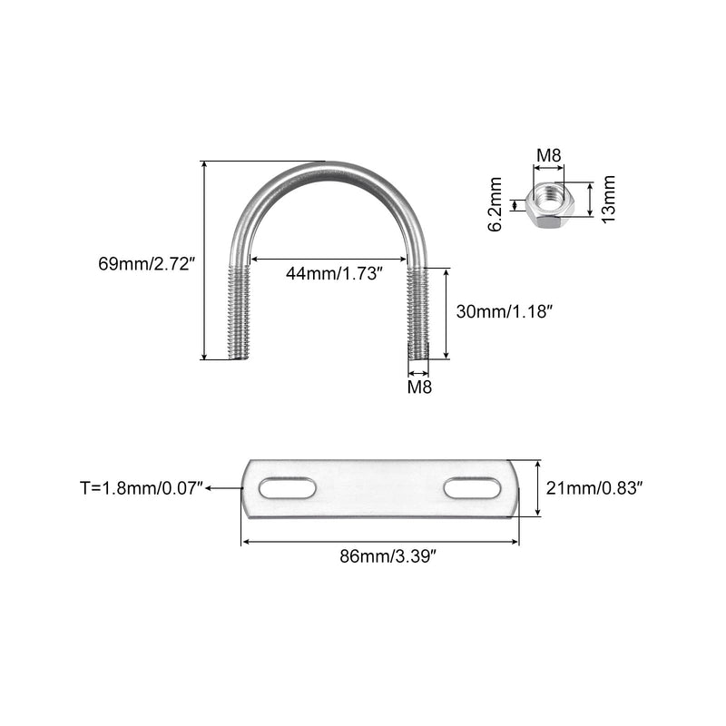 [Australia - AusPower] - uxcell Round U-Bolts, 3 Sets 44mm(1.73") Inner Width 69mm Length M8 304 Stainless Steel U Clamp Bolt with Nuts and Plates, for Boat Trailer M8x44mmx69mm 