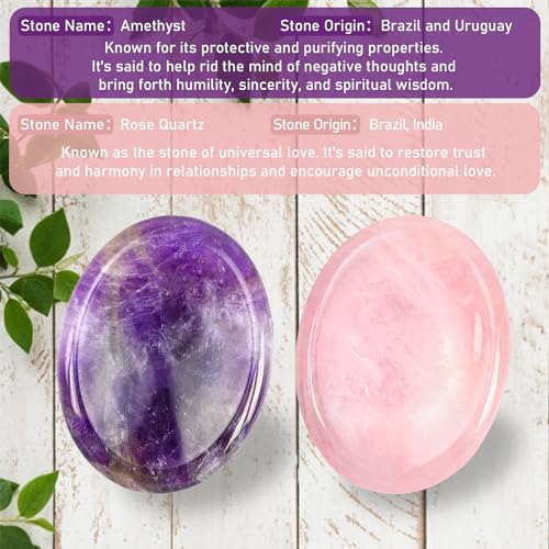 WHAL&YUNE Rose Quartz Amethyst Thumb Worry Stone for Anxiety, Healing Crystals Natural Oval Gemstone Meditation Reiki Balancing Accessories Gift for Stressed People- 1.8 inches