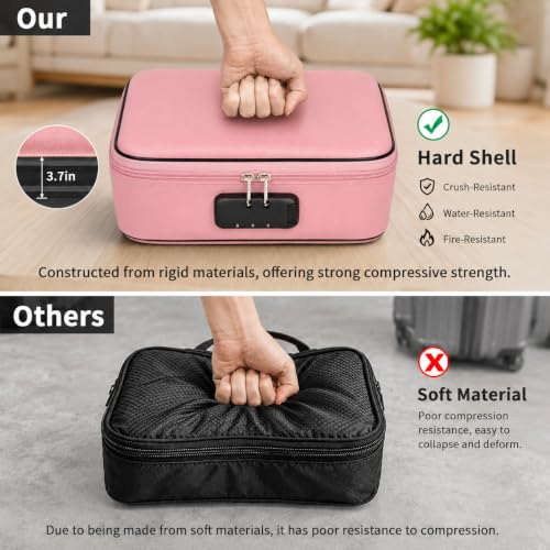 Pink Zynqur fireproof travel jewelry organizer case with lock and six binder pages for storing jewelry securely.