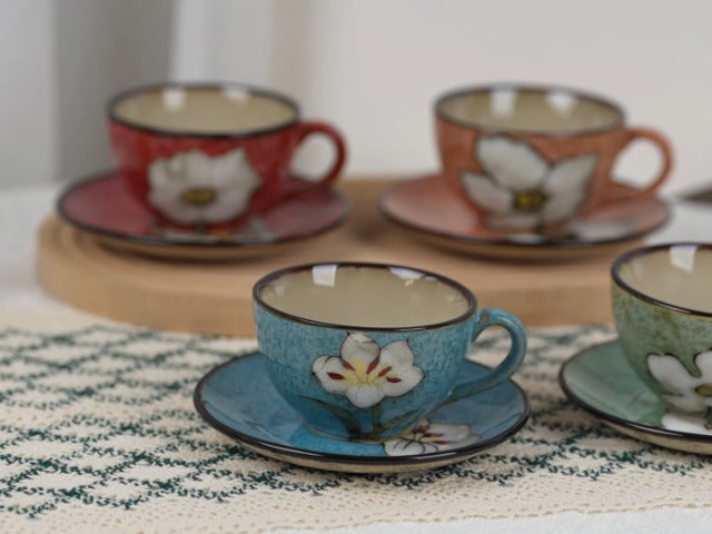 8 Oz Floral Porcelain Cappuccino Cups with Saucers Set of 4, Stoneware Tea Coffee Mugs for Home Kitchen & Office, Dishwasher Microwave Oven Safe, for Espresso, Latte, Americano, Milk & Tea, Mix
