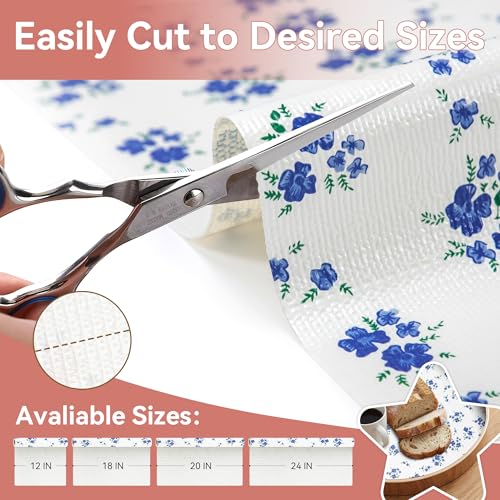 RAY STAR 18 Inch x 8 Ft Shelf Liner for Kitchen Cabinets, Non-Adhesive Cabinet Liner Washable, Drawer Liner for Dresser Non-Slip Bathroom [Blue Cream Floral](4 Rolls) Forget-me-not 18"W x 96"L 4