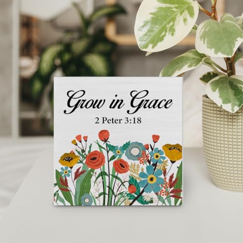 Christian Desk Decor Farmhouse Grow in Grace Scriptures Floral Wood Box Sign Bible Verse Decorations Rustic Home Desk Shelf Tabletop Decor 5 x 5 Inches yf-16