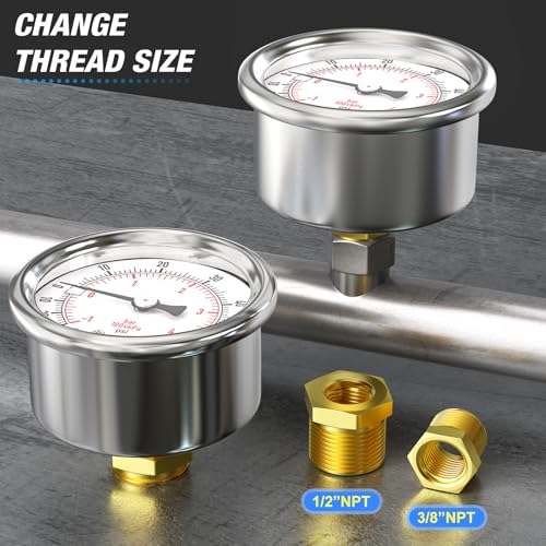 MEANLIN MEASURE vacuum gauge, stainless steel 2-inch dial with back mount and NPT hex bushing for air compressors