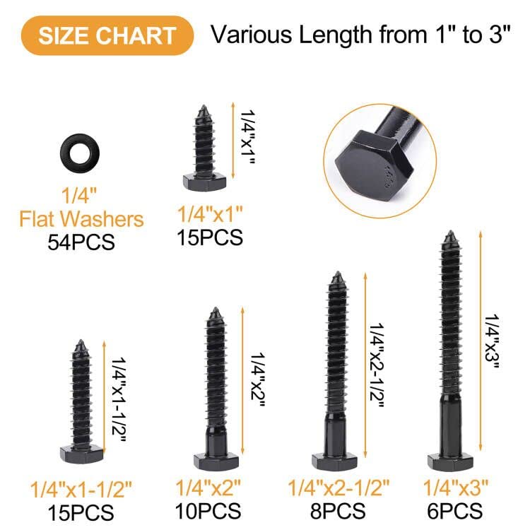 [Australia - AusPower] - 1/4" Hex Lag Bolts Stainless Steel 18-8 (304), VIGRUE 108PCS Black Oxidized, Hex Lag Screws Heavy Duty Wood Screws Washers Assortment kit, Length Include 1" 1-1/2" 2" 2-1/2" 3" 1/4 x 1" to 3" 