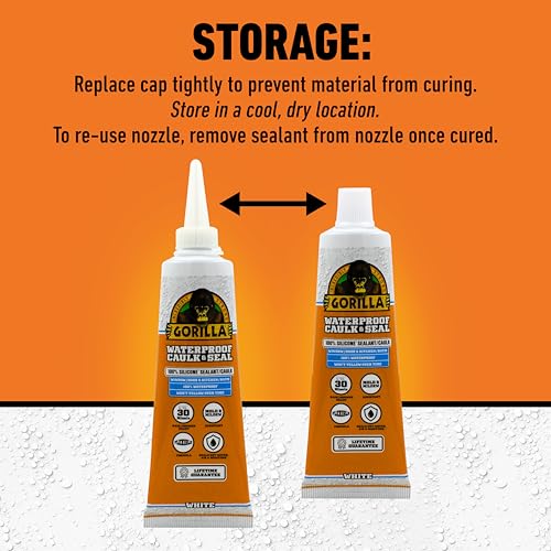Gorilla Waterproof Silicone Caulk & Sealant 2.8oz squeeze tube in white for kitchen, window, bath, and marine use