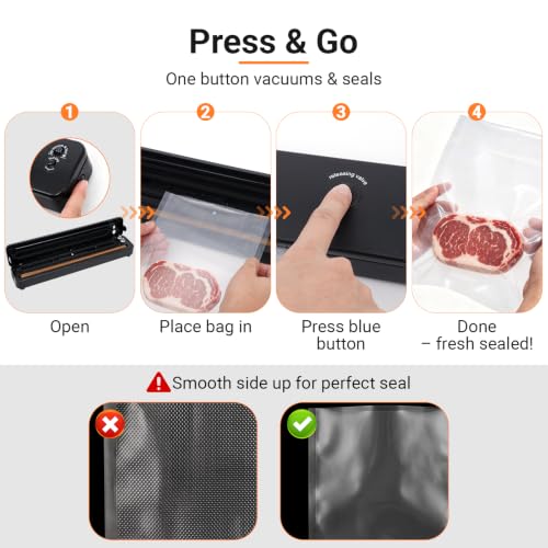 Vacuum Sealer Machine with 30cm Longer Dry Vacuum & 60 KPA Powerful Suction, Pulse Mode for for Vac/Seal/Rice/Dry, Equipped LED Light, Includes 10 Bags, Ideal for UK Kitchen Storage UK 3-Pin Plug Black