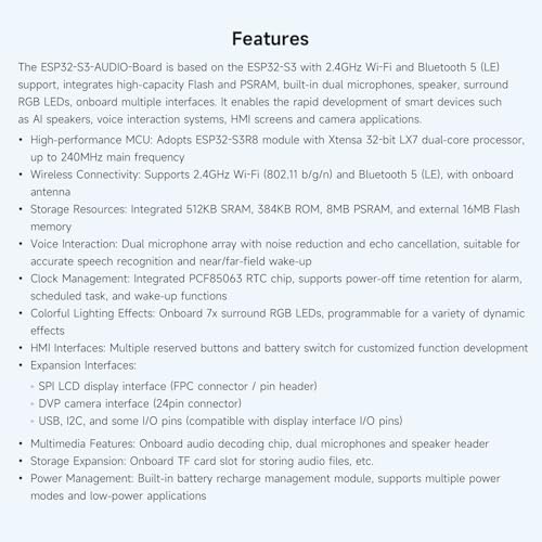 Waveshare ESP32-S3 AI Smart Speaker Development Board, Dual Microphones, Noise Reduction, RGB Lighting, External Display & Camera Support