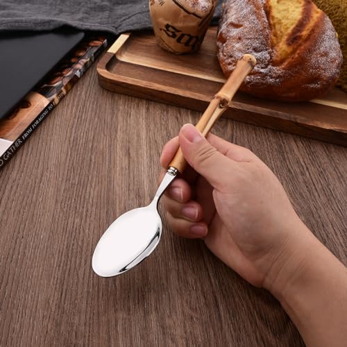 30PCS Silverware Set for 6, Bamboo Handle Flatware Set, Stainless Steel Cutlery Set for Home Restaurant and Party, Bamboo Forks Spoons and Knives Set, Polished Tableware 30-Piece Service for 6