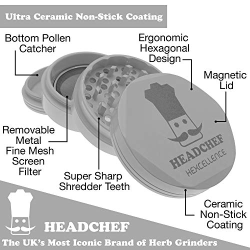 Headchef Hardcore Hexellence Ceramic Non-Stick Coated Metal Herb Grinder, 4 Piece, 62mm (Whiteout)