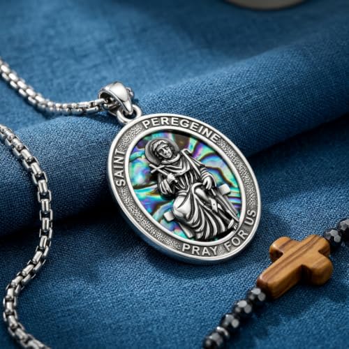 DAYLINLOVE Saint Peregrine Necklace 925 Sterling Silver Saint of Cancer Abalone Shell Pendant Necklace Christian Religious Catholic Jewellery Gift for Women Men