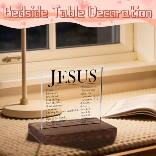 Names of Jesus Acrylic Plaque, Christian Bible Verse Gift for Believers, Inspirational Religious Keepsake for Men, Women, Transparent Acrylic Plaque with Wooden Stand, LYY152