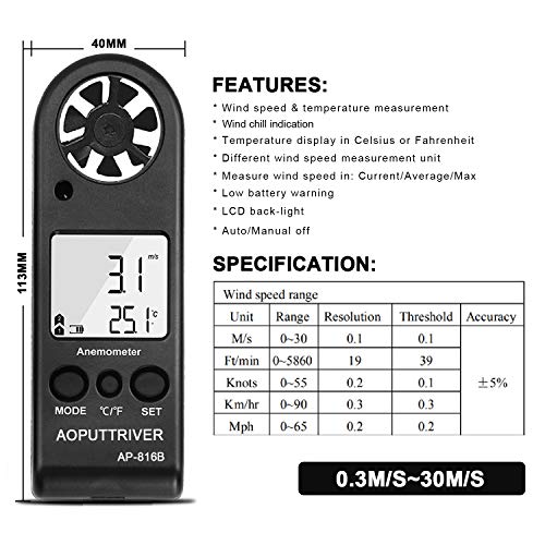 Wind Gauge Hand Digital LCD Wind Speed Meter Guages Air Flow Speed with Backlight Measurement Thermometer for Windsurfing Sailing Fishing etc UK-AP-816B Digital