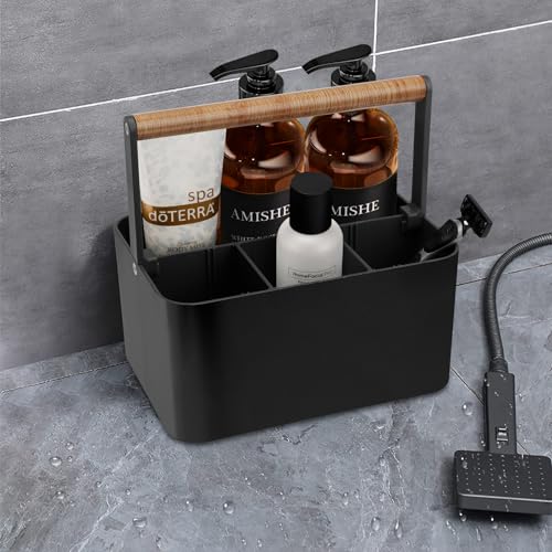 BYUNER Portable Shower Caddy Dorm: Bathroom Caddy Organizer with Handle and Adjustable Dividers,Plastic Shower Basket for Toiletry,Makeup,Vanity,Shower Storage Tote for College, Cleaning Caddy, Black Black / Wood Handle