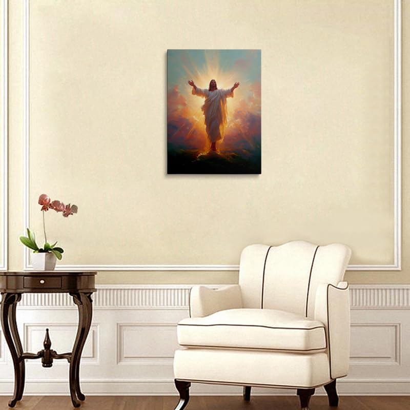 Risen Christ Canvas Wall Art Framed Painting Jesus with Divine Light Rays Outstretched Arms in White Robes Religious Christian Wall Decor Artwork Print Poster 16x24 Inches Illuminating Jesus 24"L x 16"W