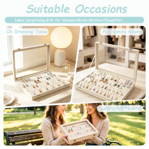 Jewelry Box Necklace Organizer Tray (Beige) Necklace Display Case for Storage Jewelry Necklaces Display Stand 24 Slot Pendant Holder for Women Necklace display Case with Glass Lid 24 Slot Beige
