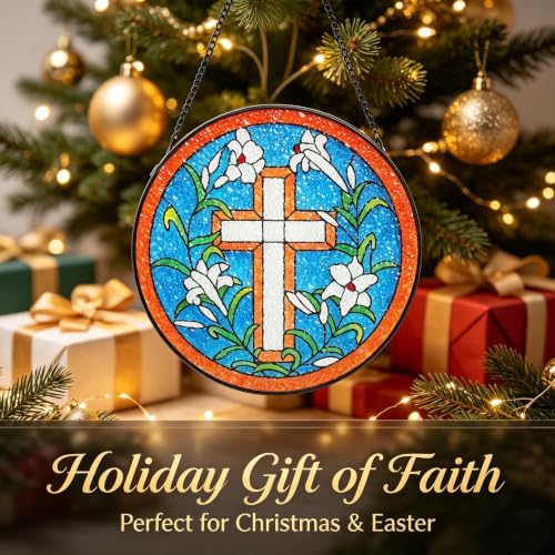 KOMI 7.8 Inch Cross Stained Glass Window Hanging Sun Catcher Garden Decor Christian Gifts for Women Mom Wife