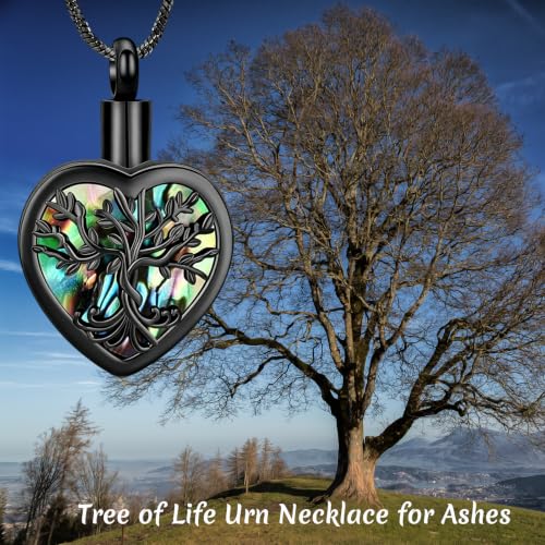 Yinplsmemory Tree of Life Cremation Jewelry for Ashes with Abalone Shell Heart Urn Ashes Keepsake Necklace for Women Ashes Holder Black
