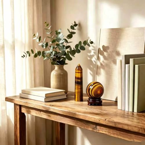 Natural Tiger Eye Crystal Sphere and Column with Base - Spiritual Energy Gemstone Art Piece for Feng Shui Home Decoration（Tower:5.91" Tall, Sphere:1.97‑2.36" Diameter） Tiger's Eye
