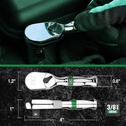 SK 3/8-inch drive stubby ratchet handle with 90-tooth pear head and alloy steel construction