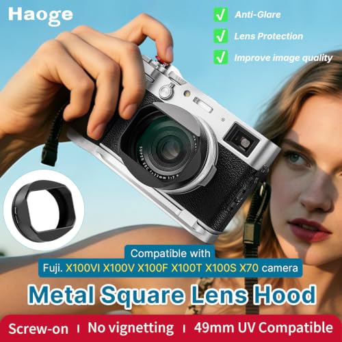 Haoge Square Metal Lens Hood with 49mm UV Filter Adapter Ring for Fujifilm X100VI Fuji X100V X100F X100T X100S X70 Camera Black LH-XVI100B