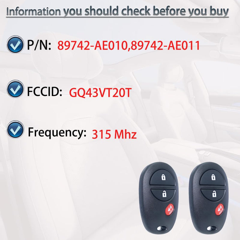 [Australia - AusPower] - Key Fob Keyless Entry Fits for Toyota 2007-2017 Tundra /2005-2016 Tacoma / 2008-2013 Highlander / 2004-2015 Sienna /2008-2016 Sequoia Remote Control Replacement GQ43VT20T 89742-AE010 3 Buttons 