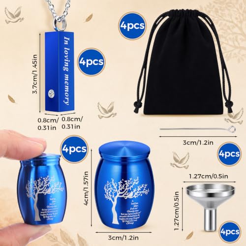 4 Sets 3 Inches Small Urns for Human Ashes, Urn and Necklace Set, Blue