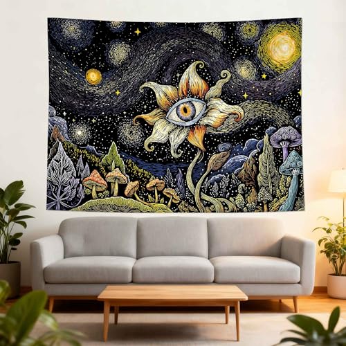 Yeoiat Tapestry Cosmic Flower Tapestries Mushroom Landscape Wall Hanging Starry Night Visionary Botanical Art Decor Bedroom Dormitory 90"x70" 90"L x 70"W Blue Mushroom