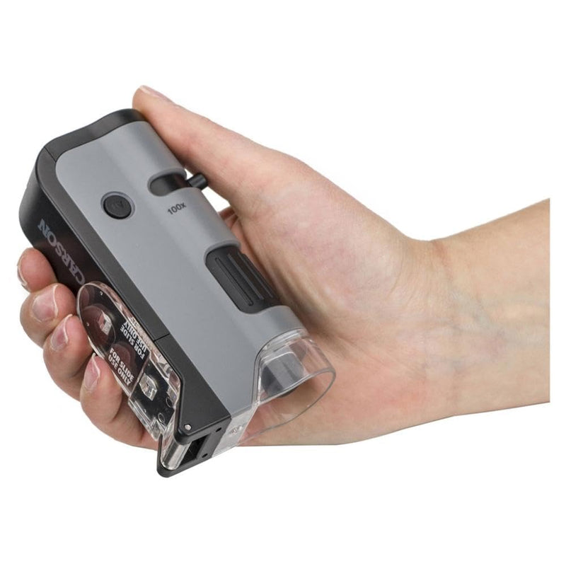 Carson MicroFlip 100-250x LED Illuminated Pocket Microscope with Smartphone Digiscoping Adapter Clip 100x-250x, Pack of 1