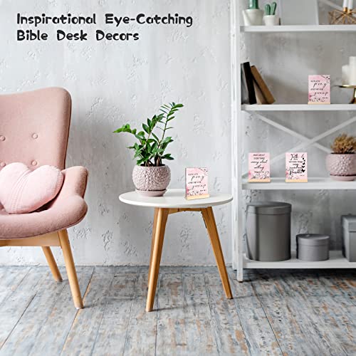 Yulejo 4 Pcs Pink Inspirational Desk Decor Christian Gifts for Women Motivational Office Desk Accessories Decor Sign Bible Verse Wood Block Plaque Positive Centerpiece for Mother Girls Faith Gifts