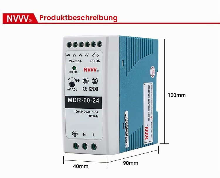 MDR-60-24 AC to DC DIN-Rail DIN Rail Power Supply 60W, 24V, 2.5 MDR-60-24 24V, 60W, 2.5A