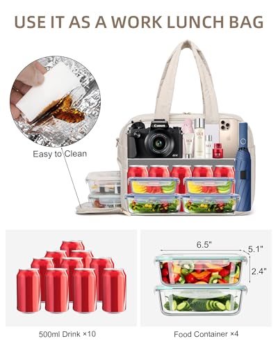 Lunch Tote Bag for Women Work, 15.6 Inch Laptop Purse with Insulated Lunch Compartment Coin Wallet for Meal, Large Puffy Quilted Travel Duffle Bag Medium-15.4" Beige