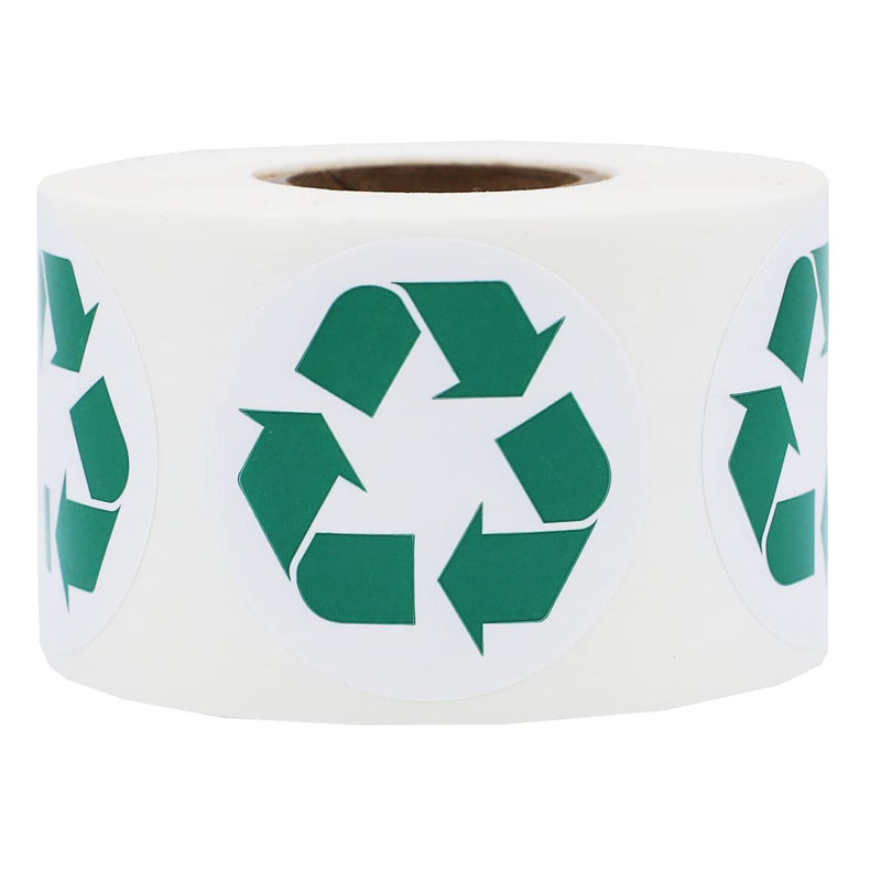 White and Green Recycle Logo Stickers 1.5 Inch Round Labels for Packaging Waste Sorting Recycling Bins School Office and Eco Friendly Projects 500 Adhesive Semi Gloss Stickers Per Roll Made in the USA