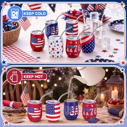 12 Pcs 4th of July Mini Shot Glasses 3 oz Patriotic Red White Blue USA Mini Tumblers with Lids and Straws Stainless Steel Insulated Cups for Independence Day Memorial Day Party Supplies