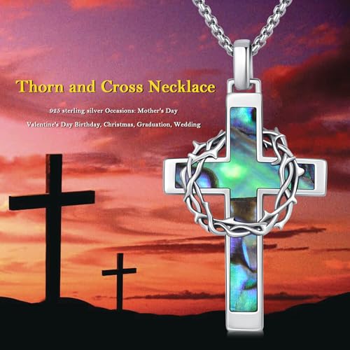 Cross Necklace for Men Women 925 Sterling Silver Cross Pendant Christian Necklace Religious Jewellery Birthday Gifts for Men Women A01-Cross Thorns Abalone