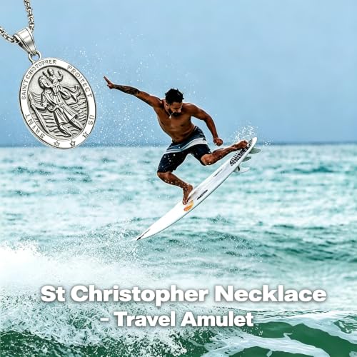 Mens Silver St Christopher Necklace with Adjustable Chain, Travel Amulet