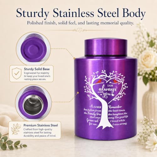 Purple Medium Urns for Human Ashes Up to 60 Cubic Inches, Small Cremation Urn for Ashes Adult Female Male, Decorative Stainless Steel Funeral Burial Memorial Urn with Two Cardinal Birds Purple