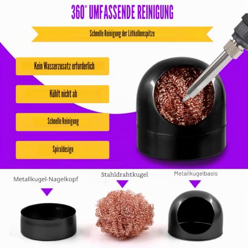 Swpeet 6 x Black Soldering Tip Cleaner Set, Soldering Iron Tip Cleaning Wire and Holder, Coiled Brass Sponge, 1 x Ball Shell Holder with 5 Pieces Brass Cleaning of Soldering Iron and Tips